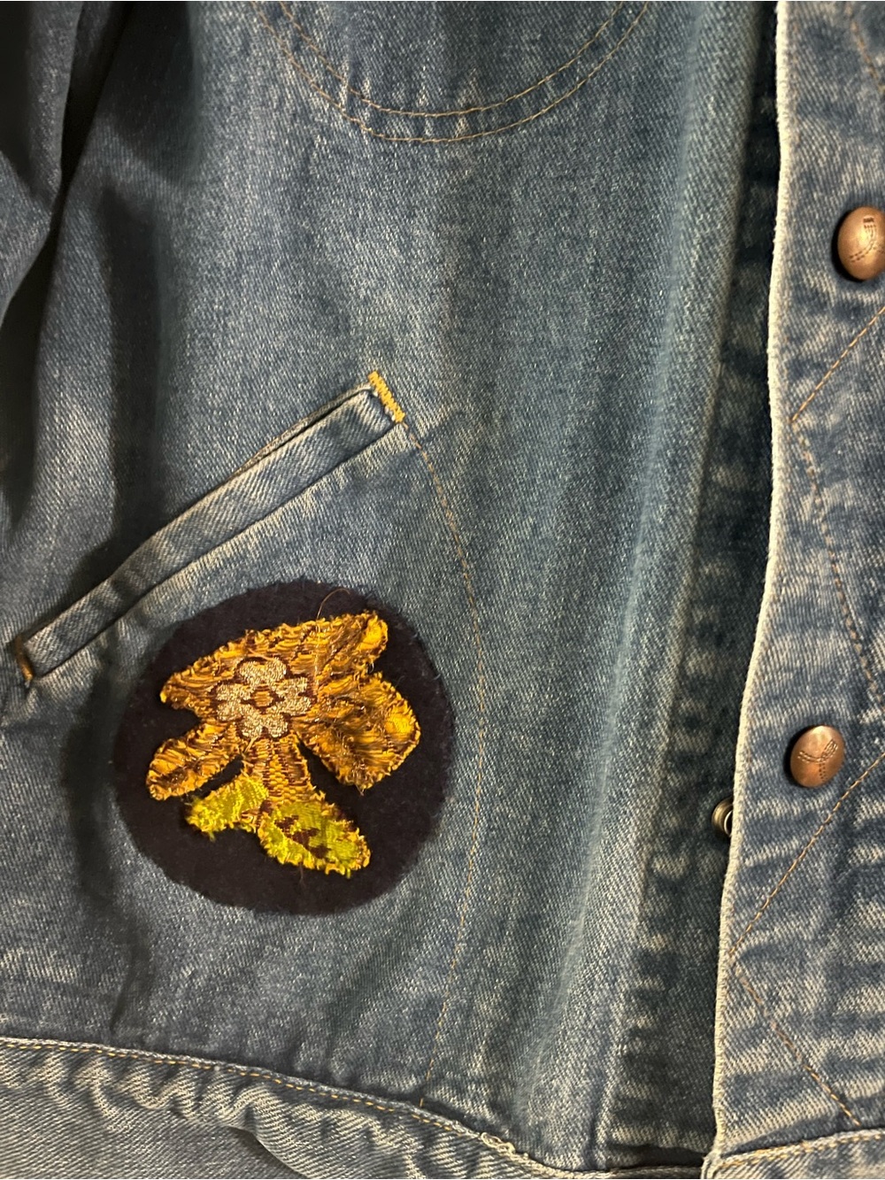 Upcycled Vintage Denim Jacket with Embroidered Patchwork - Blue - Picture 4 of 11